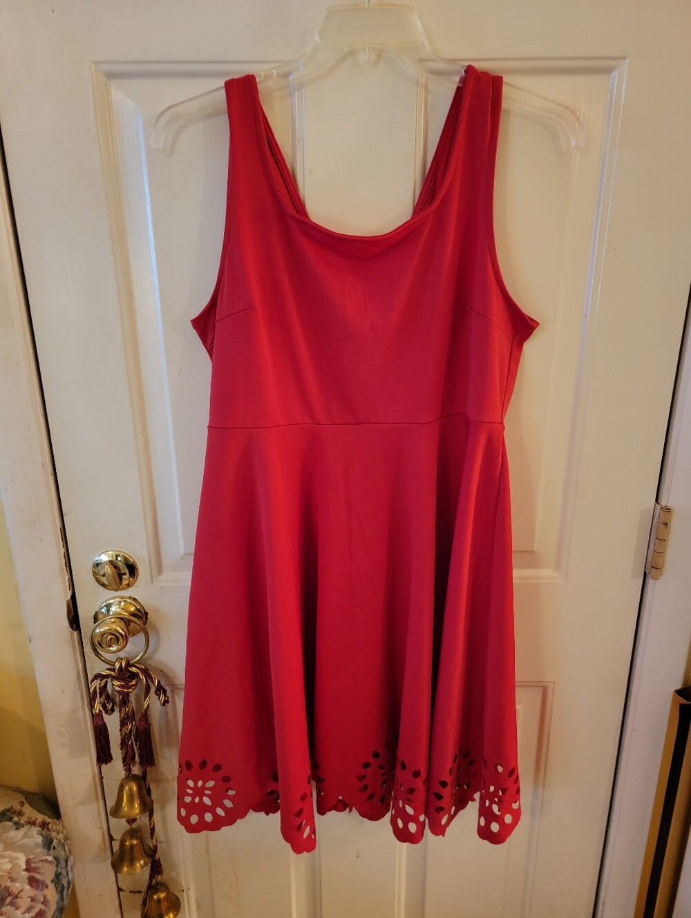 Women’s Red Sleeveless Fit-and-Flare Dress with Laser-Cut Hem